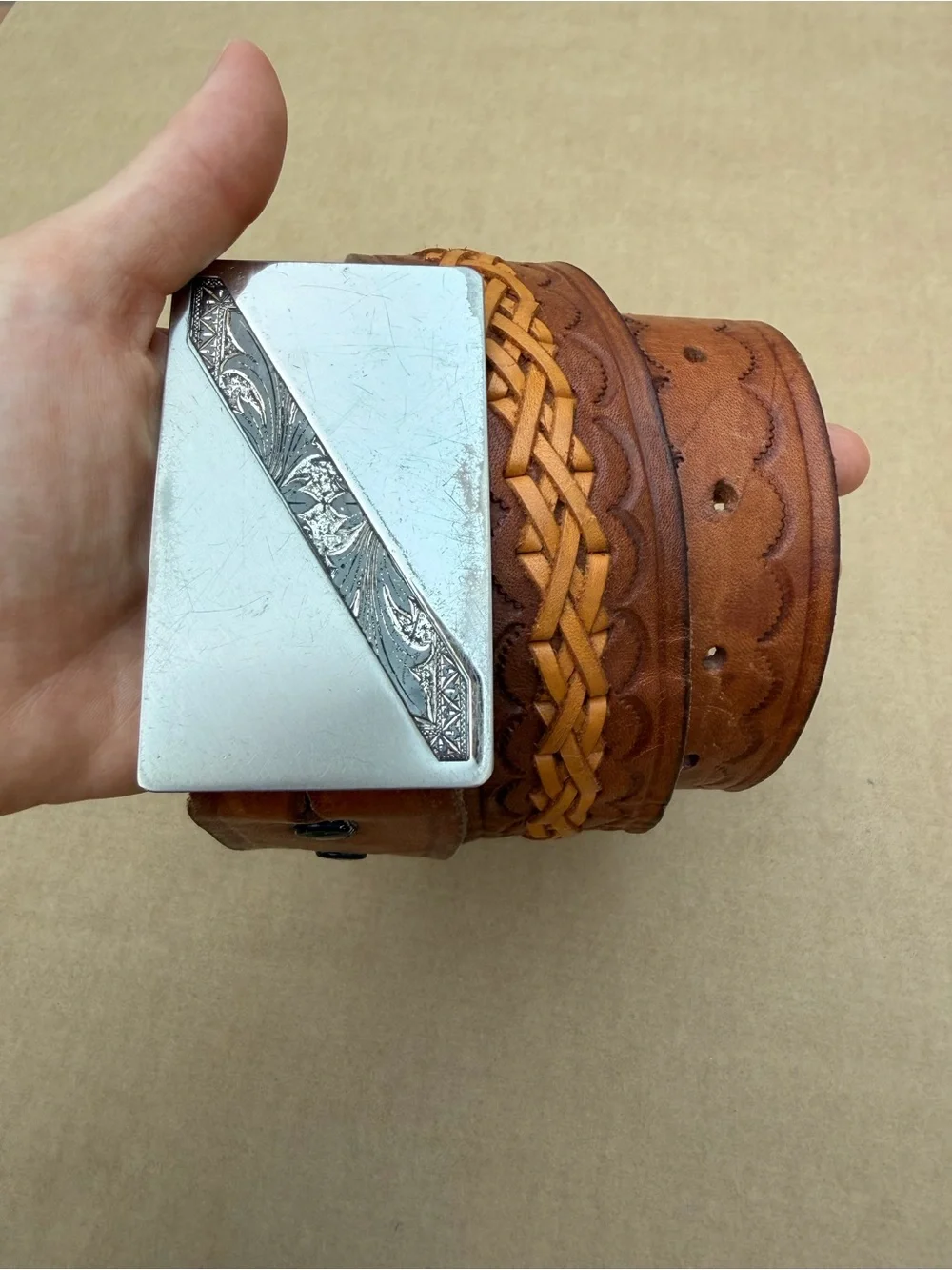 Vintage Western Leather Belt Nickel Silver Engraved Buckle Tooled Braided Size 3